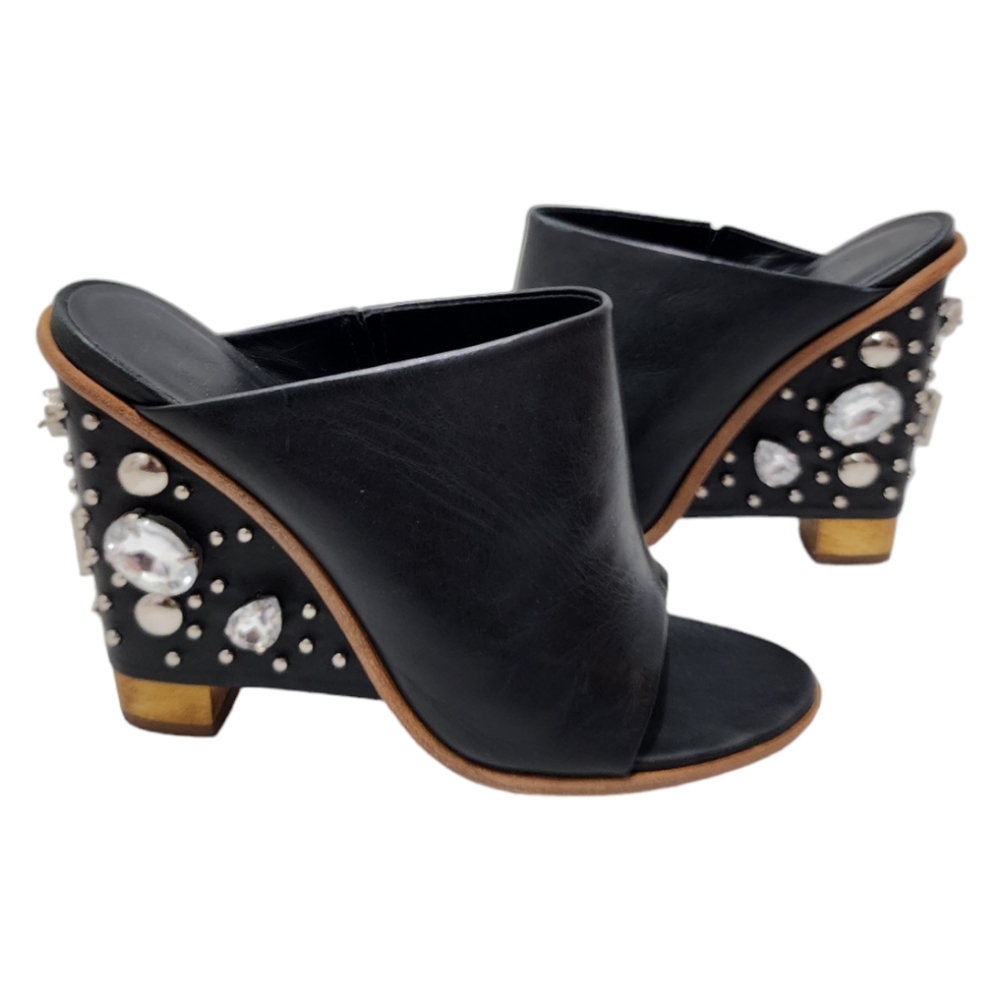 Tibi Britt Mules Black Leather Jeweled Studded Wedge 38 Open Toe - Picture 2 of 16